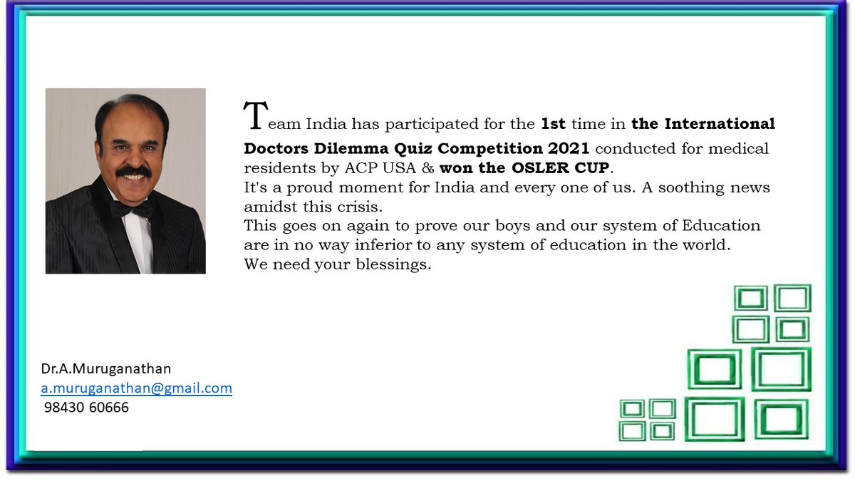 AMuruganathan's tweet photo. Happy on Winning OSLER cup in International Doctors Dilemma Quiz. @mkstalin @Udhaystalin @EduMinOfIndia @timesofindia @IndianExpress @the_hindu @PTTVOnlineNews @IndianMedicalAs @MoHFW_INDIA @WHO https://t.co/fHq552vrp3