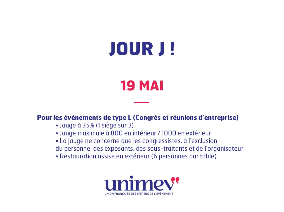 UNIMEV_FR's tweet photo. Jour J ! Ce 19 mai est une première étape importante pour la réouverture de notre filière événementielle professionnelle française. 👏🎉
Chers professionnels, bonne reprise !
Chers clients, très heureux de vous réunir à nouveau !
#reprise #eventprofs #evenementielfrançais #unimev https://t.co/STG8EdYgVJ