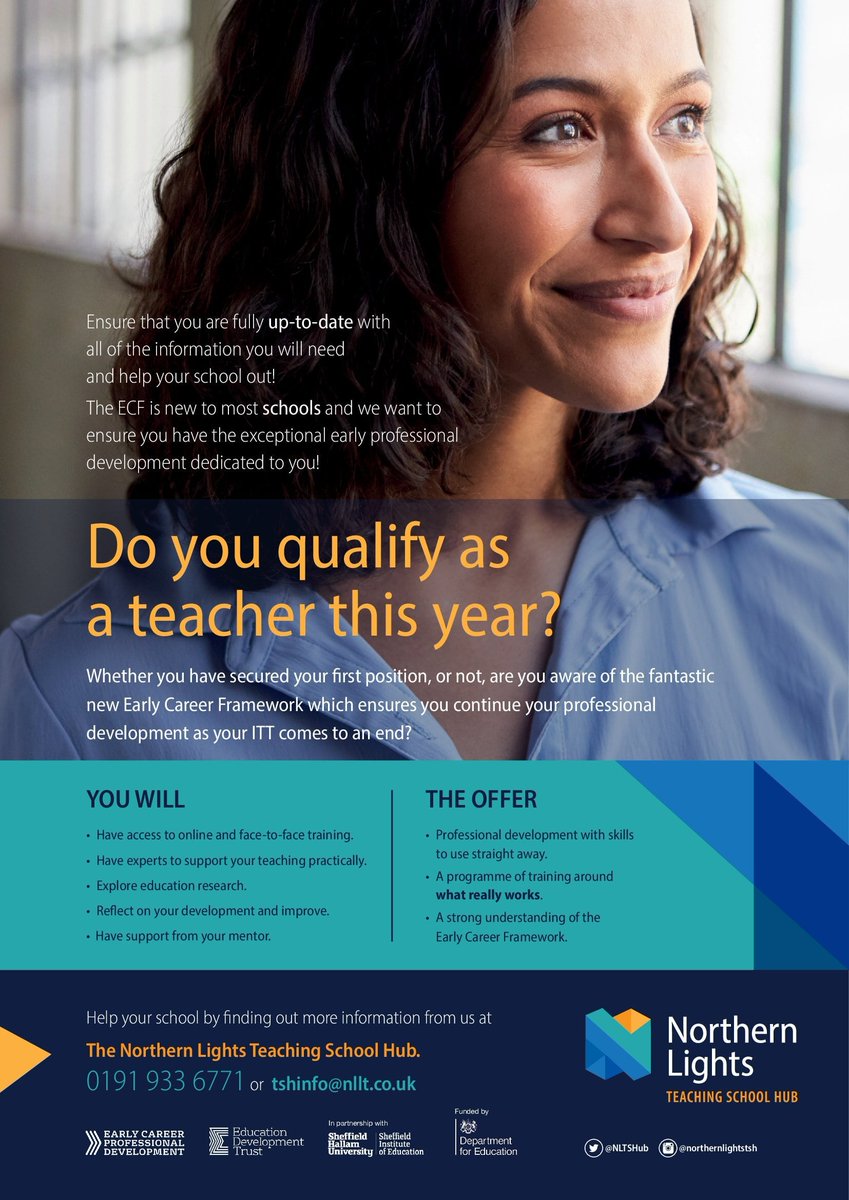 👨‍🏫QUALIFY AS A TEACHER THIS YEAR? 👨‍🏫
💭Know about the Early Career Framework? 💭
✨Northern Lights Teaching School Hub are committed to ensuring new teachers continue to receive exceptional professional development. ✨
📧 Call the number or contact the email address below. 📞