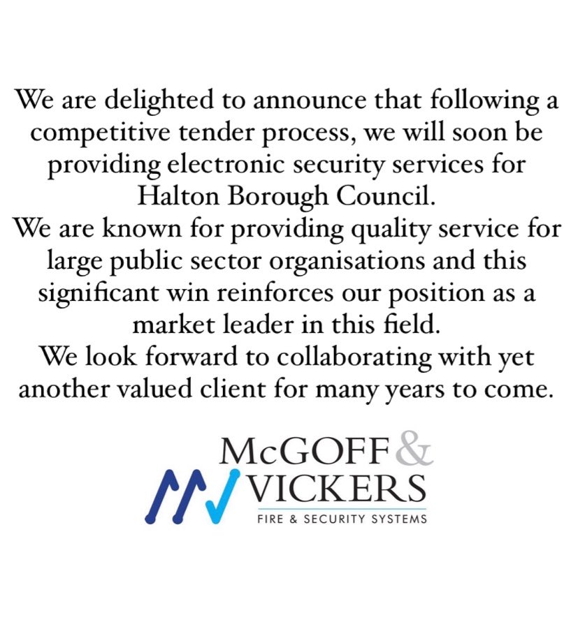 McGoff & Vickers (@mcgoffvickers) on Twitter photo A very exciting announcement from us today! <a href="/HaltonBC/">Halton Council</a> #electronicsecurity #fireandsecurity A very exciting announcement from us today! <a href="/HaltonBC/">Halton Council</a> #electronicsecurity #fireandsecurity