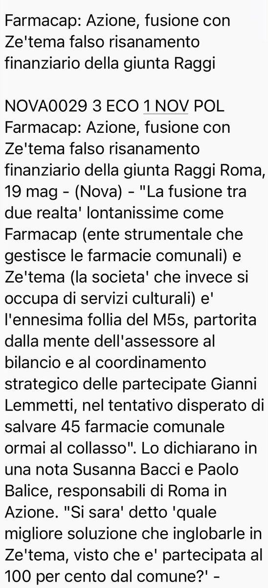 Cara <a href="/virginiaraggi/">Virginia Raggi</a> che un comune possieda 45 farmacie è assurdo, che riesca a perderci soldi è miracoloso, ma che le fonda con una società che si occupa di servizi culturali supera ogni livello di ridicolo. <a href="/Azione_it/">Azione</a> <a href="/CarloCalenda/">Carlo Calenda</a> <a href="/aledenicola/">Alessandro De Nicola</a> <a href="/OGiannino/">Oscar Giannino</a> <a href="/CottarelliCPI/">Carlo Cottarelli</a>
