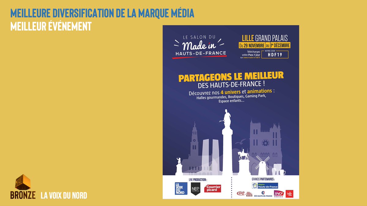Strategies's tweet image. 3ème Catégorie Meilleure diversification de la marque média - Meilleur événement, le #BRONZE est attribué à @lavoixdunord pour le « Salon Made in Hauts-de-France ». Bravo ! #gpstrat