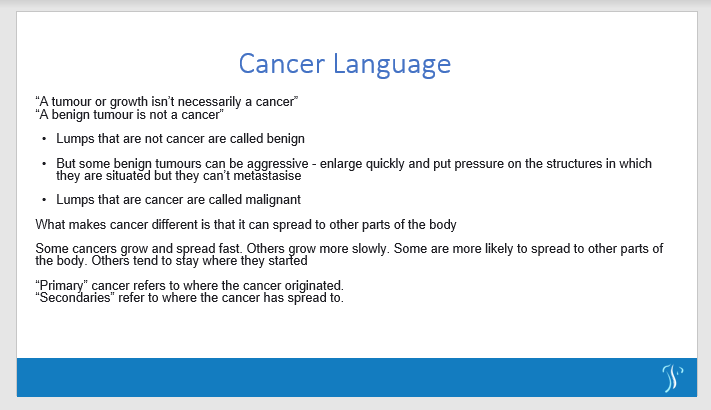 harleystspine's tweet image. Continuing with the theme of Bob&apos;s recent lecture on #spinalcancer, here is a slide from his talk which helps unpack some of the #cancerlanguage  commonly heard. Always ensure you ask your #healthcareprovider to explain #medicaljargon, a good consultant shouldn&apos;t have to be asked