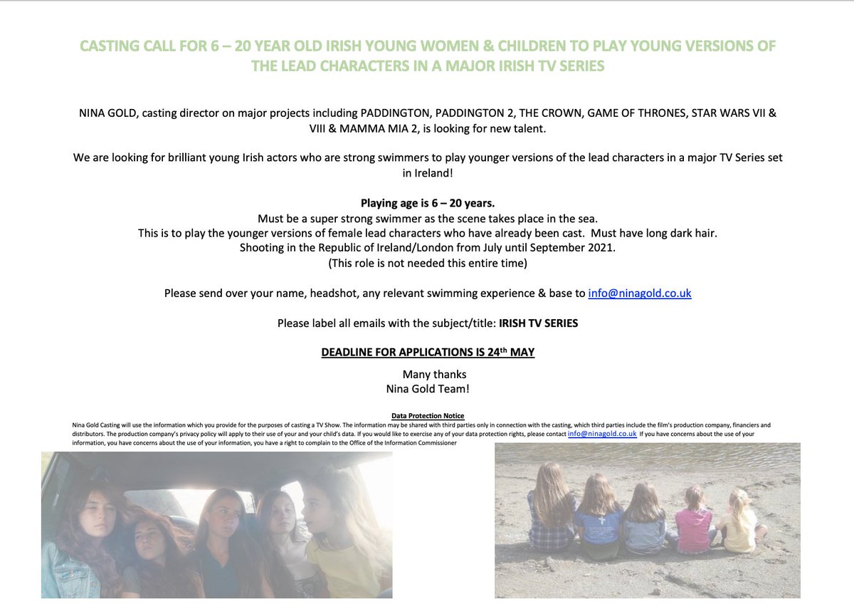 IRISH SWIMMERS Casting Call! We're looking for brilliant young Irish actors who are also strong swimmers. PLEASE SHARE!