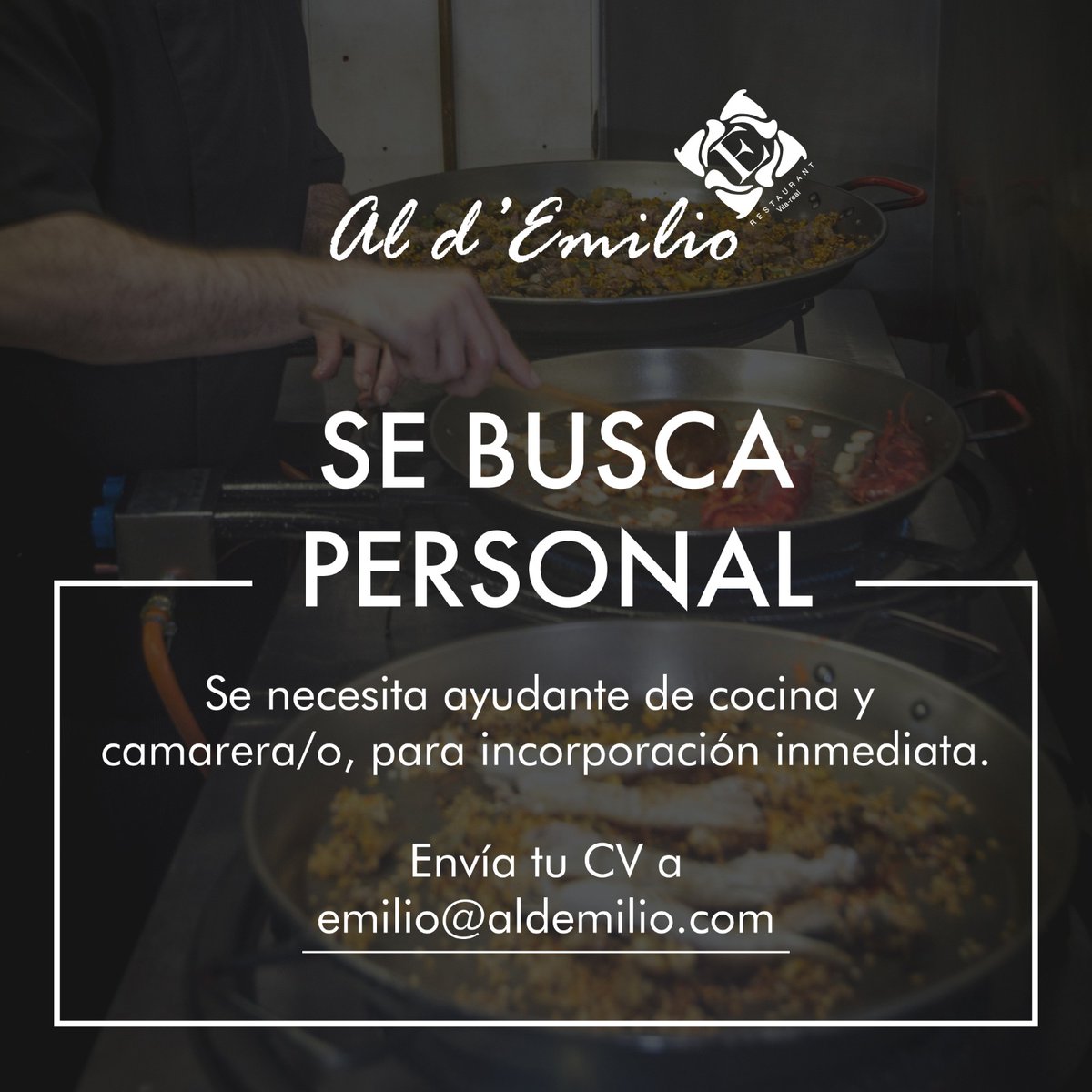 👉 Necesitamos ampliar nuestro equipo tanto de Sala como de Cocina 🍴
#Ofertadetrabajo #incorporacióninmediata 
#Cocina #Sala #AldEmilio