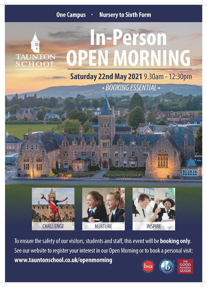 Want to secure your ticket to <a href="/tauntonschool/">Taunton School</a> In-Person Open Morning on Saturday 22nd May 9:30 - 12:30pm? Head over to tauntonschool.co.uk/openmorning to book! 

💙💛