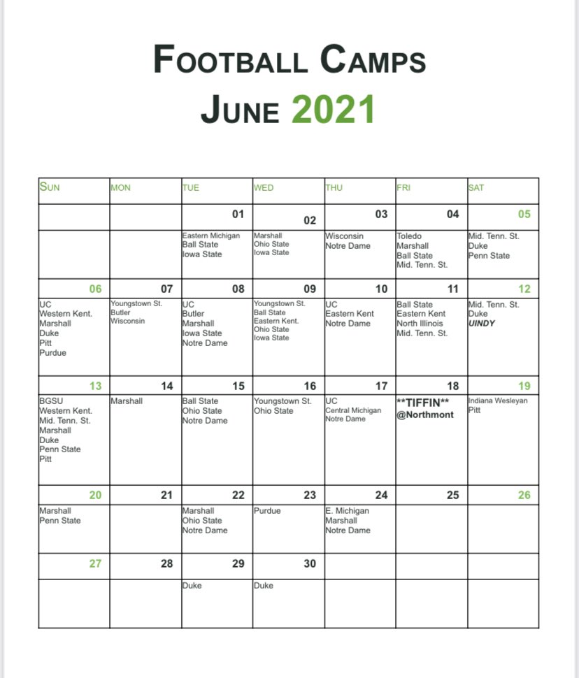 Summer college football camp calendar we have shared with our student athletes. We are excited for players to have so many opportunities to showcase there talent this summer. Coaches please reach out if there are other camps we should add to our calendar! <a href="/NThunderbolts/">Northmont Athletics</a>