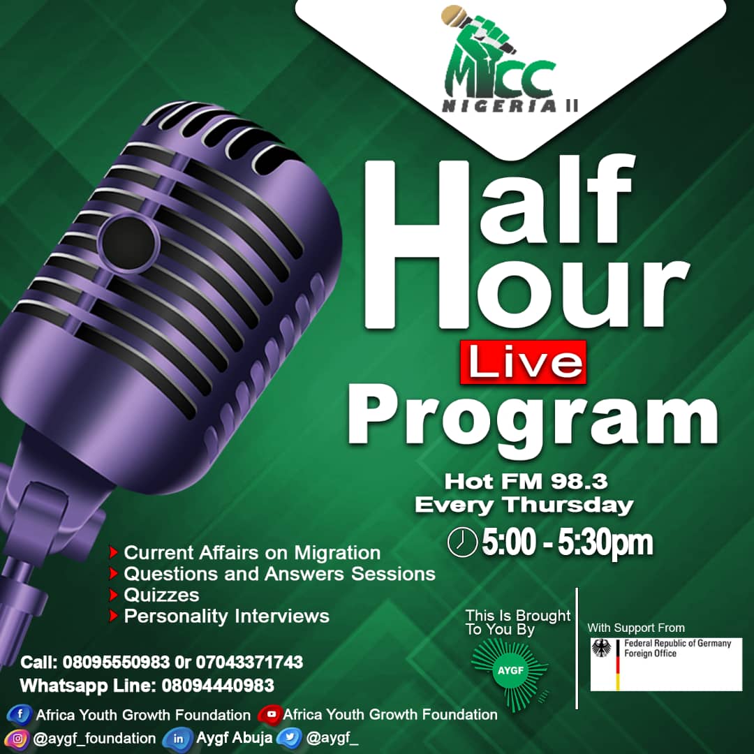 Aygf_'s tweet photo. Dont forget to tune in tomorrow on 98.3 @HOTFM_ABUJA 5-5:30pm as we discuss crucial issues around irregular migration and human trafficking,and its effect on Nigeria.
#miccnigeria #stopirregularmigration #doittherightway #stophumantrafficking https://t.co/omH4LQZtaq
