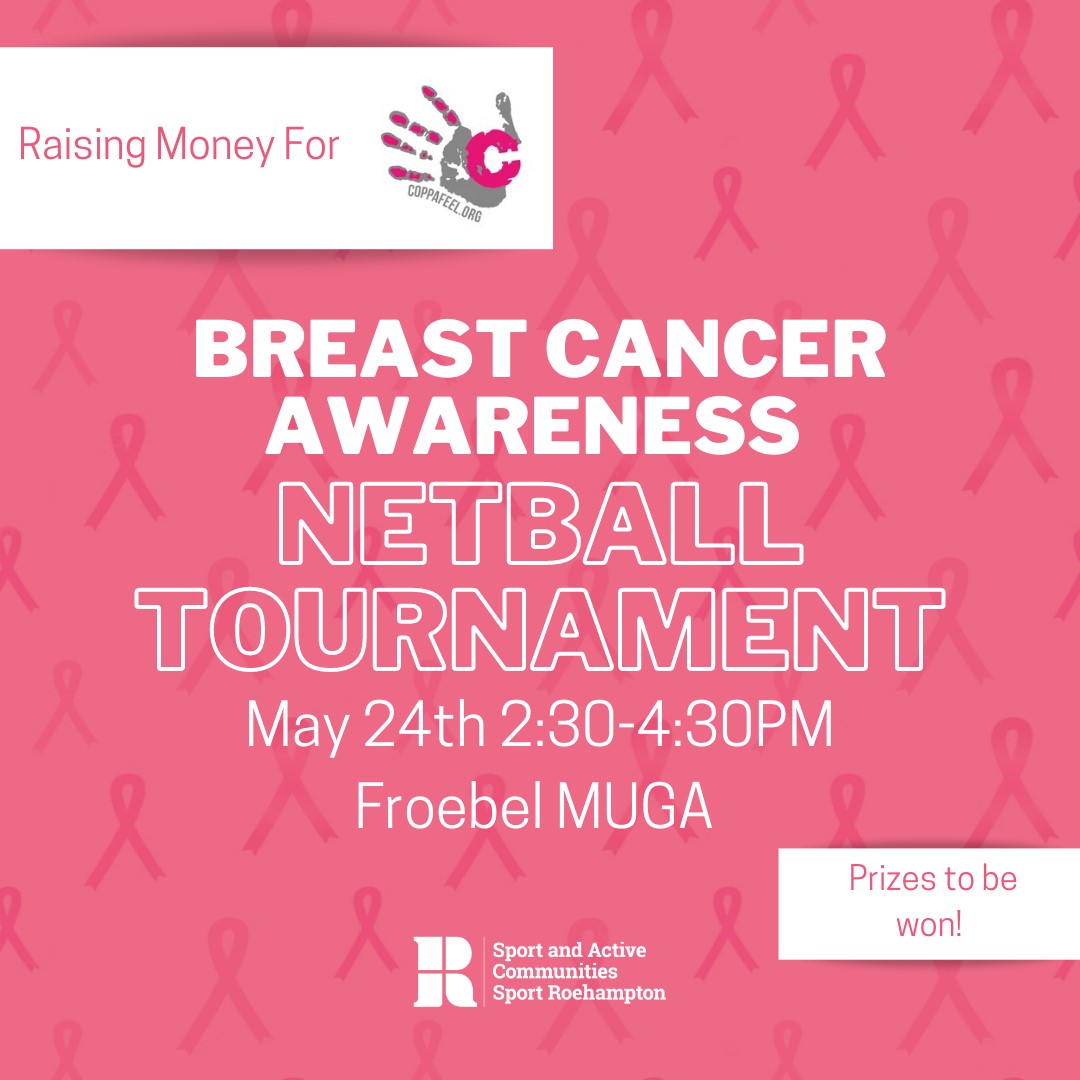 On Monday 24th May @sportroe are holding a charity netball tournament 2:30-4:30pm on the MUGA to raise money for Coppafeel! A breast cancer in young persons charity. Entry fee is £2 and there are excellent prizes to be won. To sign up DM @sportroe for the sign up form!