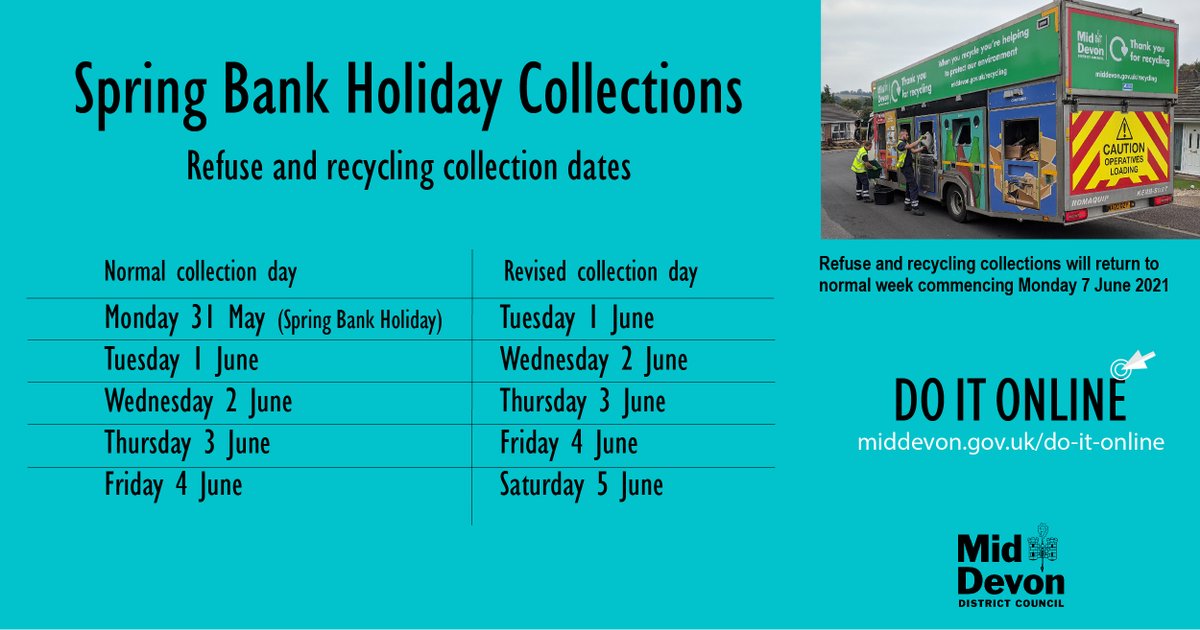 It's #SpringBankHoliday next Monday 31 May 🌸

This means your waste and recycling collections will be a day later than usual next week.

You can check you collection dates and download your collection calendars from our website
⬇️
middevon.gov.uk/do-it-online/w…