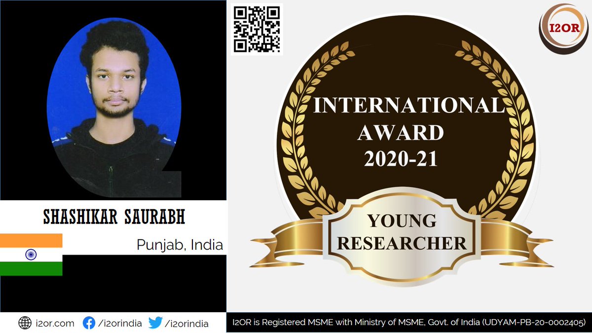 Chandigarh_uni's tweet photo. Another #CUian has accomplished a milestone in the field of research. We feel pleased to share that #CSE Student Shashikar Saurabh has been awarded the Young Researcher Award 2020-21 by the International Institute of Organized Research. #Awards #Engineering https://t.co/tSkSMIAopk