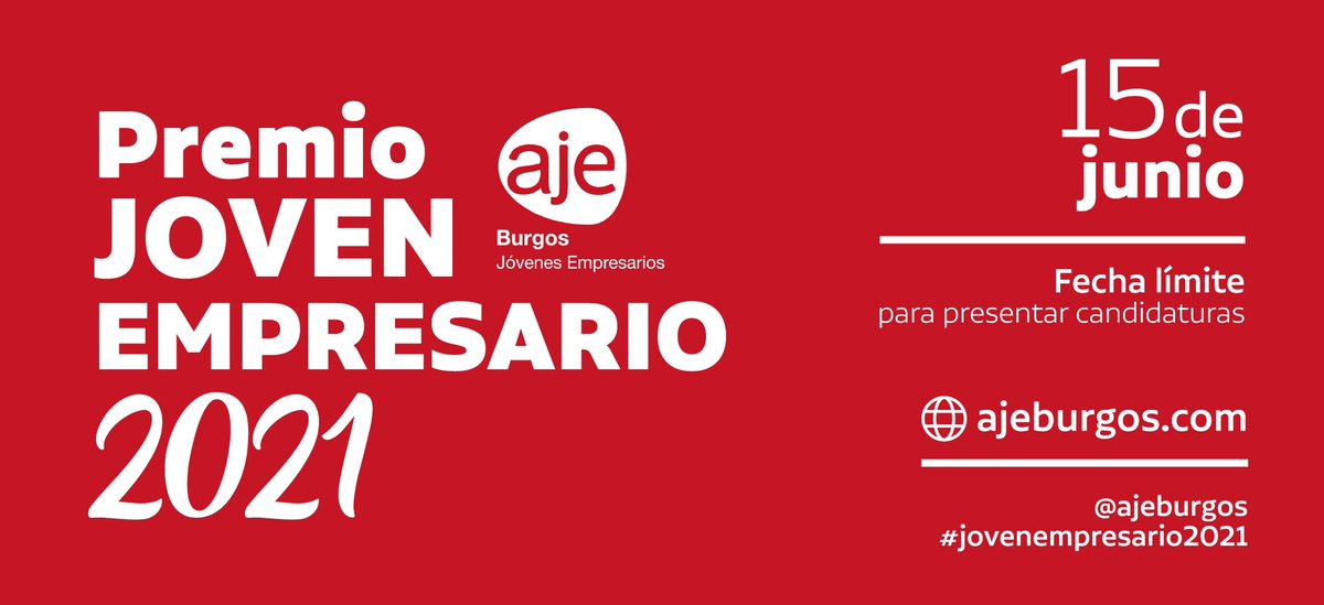Presentado un año más el #Premio #JovenEmpresario2021, junto al <a href="/Aytoburgos/">Ayuntamiento de Burgos</a> <a href="/sodebur/">SODEBUR</a> y <a href="/Fundcajaburgos/">Fundación Caja de Burgos</a>. Reconocimiento al esfuerzo y el buen hacer de los Jóvenes Empresarios de #Burgos capital y provincia. 
Plazo: hasta el 15 de junio. Más info en ajeburgos.com/mejor-proyecto…