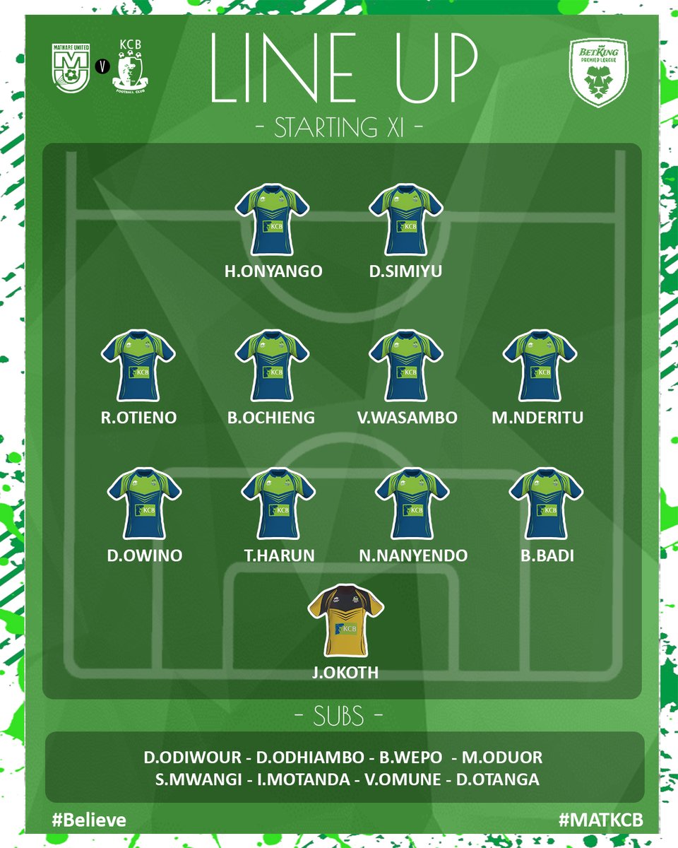 KCBFootball's tweet photo. 1️⃣1️⃣| This is how we line up this afternoon against @MathareUtd for our rescheduled @Officialfkfpl fixture.
#MATKCB
#Believe #LionHearted🦁 https://t.co/nqQe5bNYie