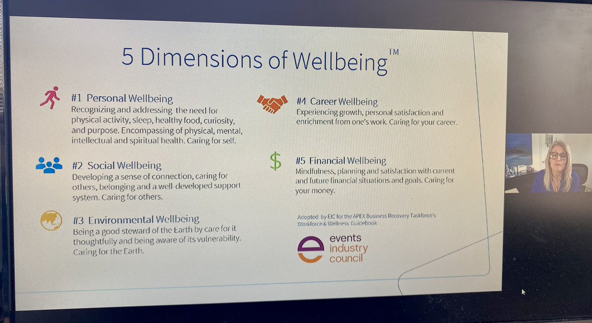 So much to learn from <a href="/RachaelMRiggs/">Rachael Riggs</a> today. This why well-being should be at the top of mind for all #eventprofs, especially the “5 dimensions of well-being”

#ICCAWorld #wellbeingwednesday