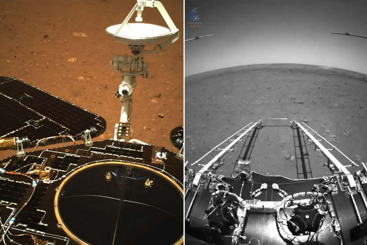 newscientist's tweet photo. China's Zhurong Mars rover has taken its first photos from the planet's surface https://t.co/QVp4YmNlcB https://t.co/tteCPTyrLd