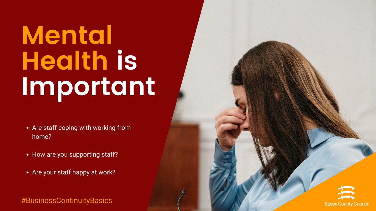 Stressful times at work can be tough on your staff, have you thought about their mental health? What would you do if your staff aren't fit to work? ow.ly/772Q50EJRgN

#MentalHealth #BusinessContinuityBasics #BCAW2021