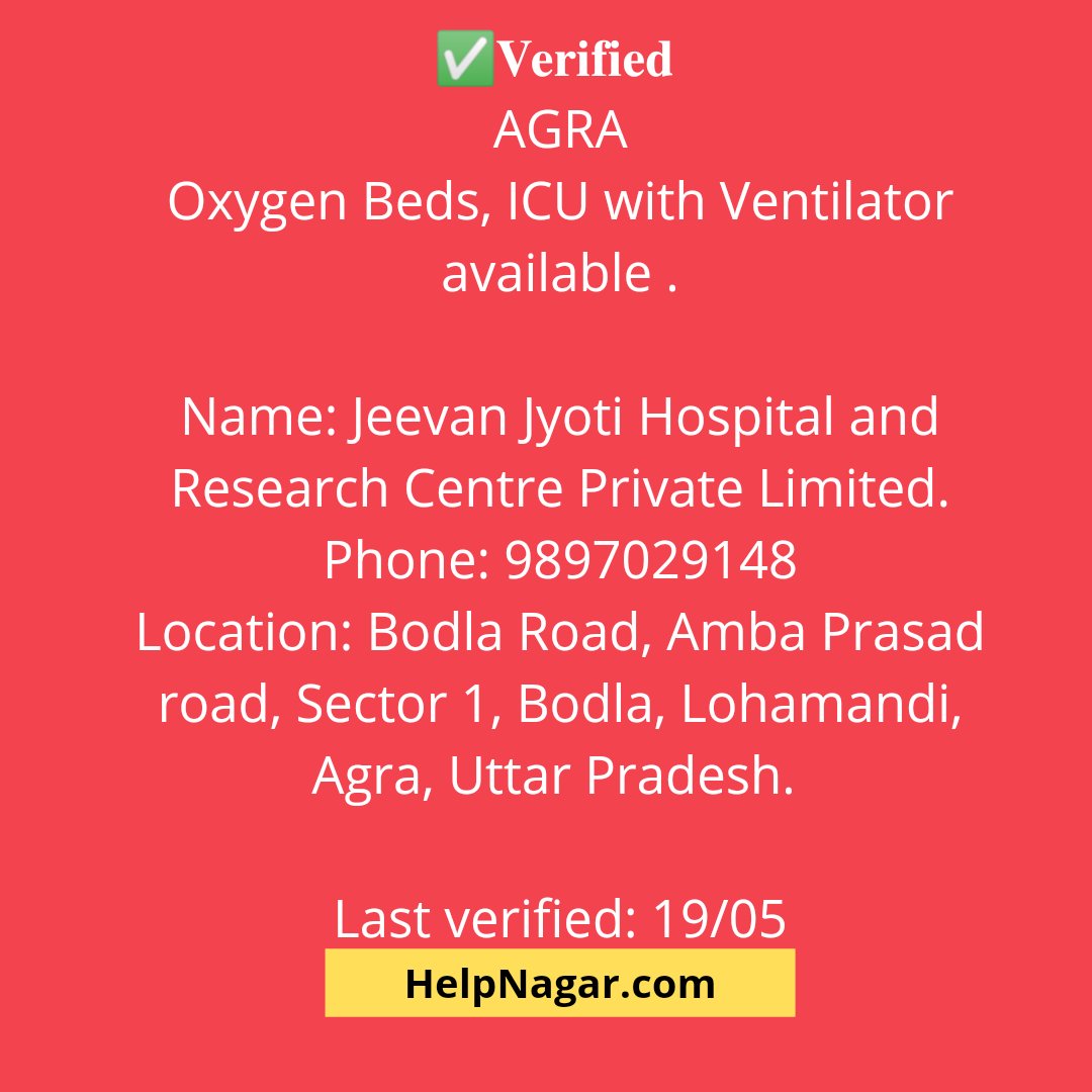 HelpNagar's tweet photo. !!AGRA!!
Oxygen, ICU and Ventilator Beds Available 
.
.
#helpnagar #covid #covid19 #help #India #agra #nonprofit #medical #urgent #emergency #icu #bed #icubed #oxygen #oxygencylinder #corona #mask #maskup #maskupindia #n95 #vaccination #remdesivir #covishield #covaxin #ventilator https://t.co/bti4X2XCVG