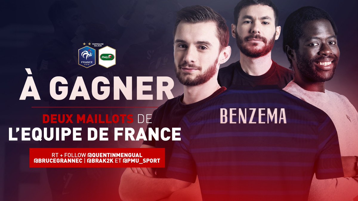 QuentinMengual's tweet photo. Pour fêter le retour du meilleur joueur français en Équipe de France pour l'Euro, la BBQ vous fait gagner deux maillots de l'équipe de France floqués Benzema 😍

Pour participer :
➡️ RT + Follow @BruceGrannec @QuentinMengual @brak2K et @PMU_Sport 

⏲️ TAS : 23/05 https://t.co/f2tmxDxpU8