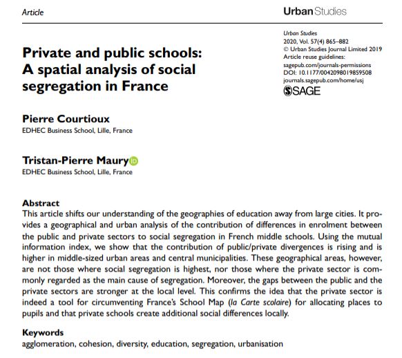 USJ_online's tweet image. Urban Studies #BestArticle2020 shortlisted article: Private and public schools: A spatial analysis of #SocialSegregation in France by Pierre Courtioux and Tristan-Pierre Maury ow.ly/6Nle50EQgqR
