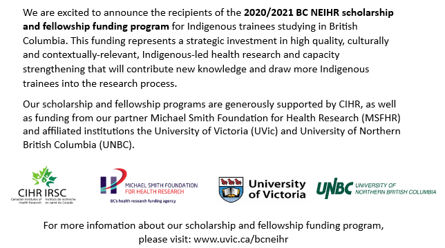 BCNEIHR's tweet photo. Congratulations to our 2020/2021 scholarship recipients! With contributions from our funder CIHR and partners MSFHR, UVic & UNBC, we funded 7 Doctoral and 7 Master's students, totaling $367,500 in funding! For more info, visit: https://t.co/Td28zDJGln #bcneihr #uvic #unbc #msfhr https://t.co/2gcx7vpVOq