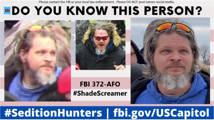 SeditionHunters's tweet photo. Please share across all platforms. Do you Know this person?? Please contact the FBI with 372-AFO do not post names on social media #ShadeScreamer #DCRiots #CapitolRiots https://t.co/OOEwE7qEIu