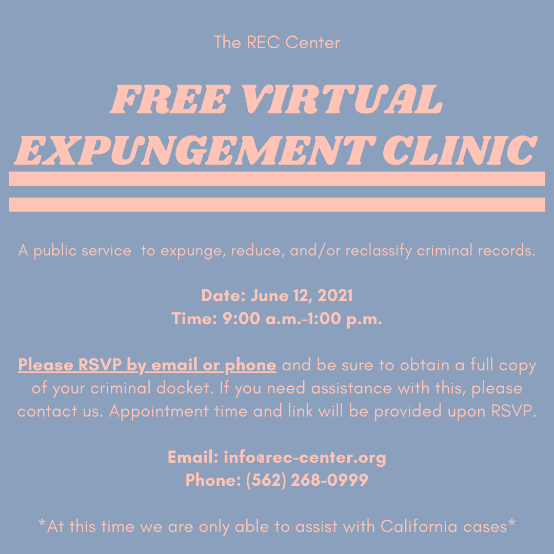 TheRECCenter1's tweet image. We are hosting a free virtual expungement clinic June 12, 2021. We're currently only able to assist with cases in California. #expungement #expungementclinic #freevirtualevents #nonprofits #recovery #CriminalJusticeReform
