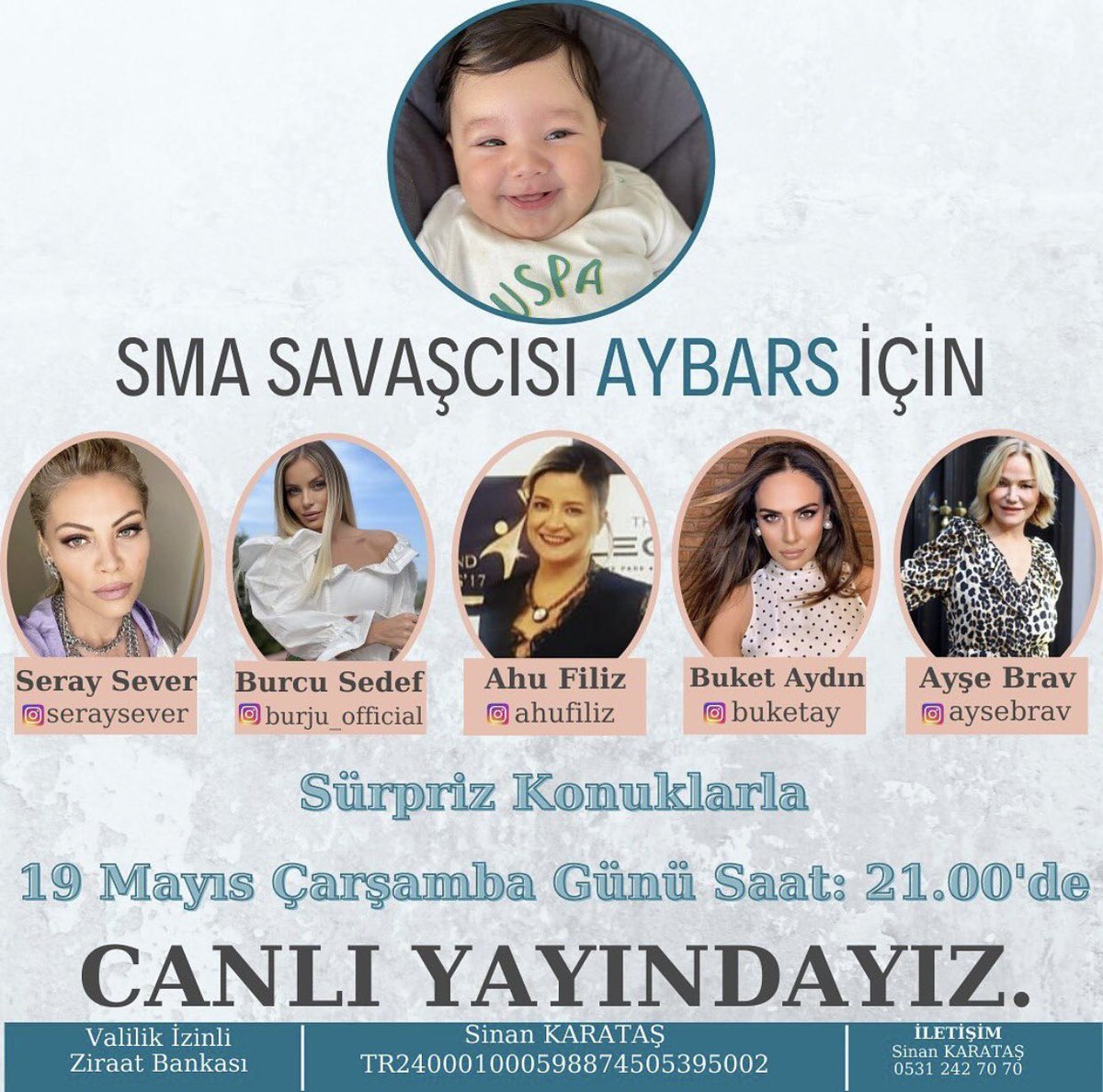 Bu akşam değerli <a href="/Seray_Sever/">Seray Sever</a> <a href="/buketaydin/">buket aydın</a> <a href="/BravAyse/">ayse brav</a> <a href="/AhuFiliz/">Ahu Filiz</a> , Burcu Sedef ve sürpriz  konuklarımızla 21:00’da canlı yayındayız. Tüm değerli takipçilerimiz Aybars’tan desteklerinizi esirgemeyin. Sma değil Aybars Kazansın🙏🏻🌟 #aybarsi̇çinumutol