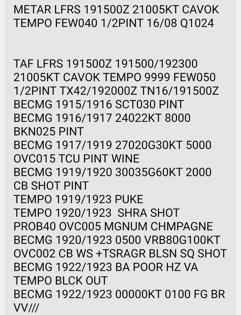 Bars re-open today in Nantes.
That's the weather forecast in @AeroportNantes. I must admit this is really for geeks of AvGeeks ! 
Enjoy your day !
With <a href="/ClementSorba/">Clément Sorba</a>
#avgeeks #meteofr #lfrs #AvGeek #WeatherForecast