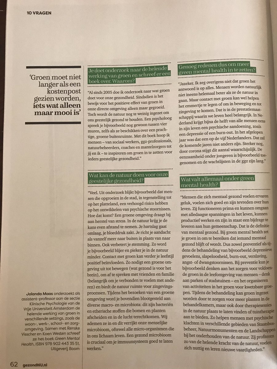 Jolanda_Maas's tweet photo. In de @gezondNUonline van deze maand beantwoord ik 10 vragen over de helende werking van natuur. Dit n.a.v. het verschijnen van ons boek Green Mental Health. Lees hier het interview: https://t.co/KItMR1FBlw