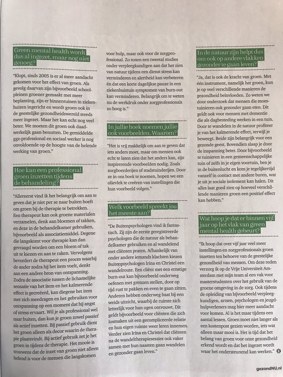 In de <a href="/gezondNUonline/">gezondNU</a> van deze maand beantwoord ik 10 vragen over de helende werking van natuur. Dit n.a.v. het verschijnen van ons boek Green Mental Health. Lees hier het interview: