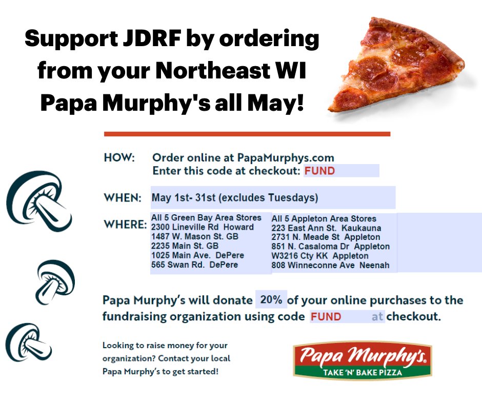JDRFWisconsin's tweet photo. Remember! All month long you can support JDRF by ordering online at https://t.co/JOL065bi1r and using code FUND at checkout!

Any of these Papa Murphy's stores will donate 20% back to JDRF Wisconsin from until May 31st

#JDRFWalk #JDRFWisconsin #PapaMurphysFundraiser https://t.co/yDIH6NXDkZ