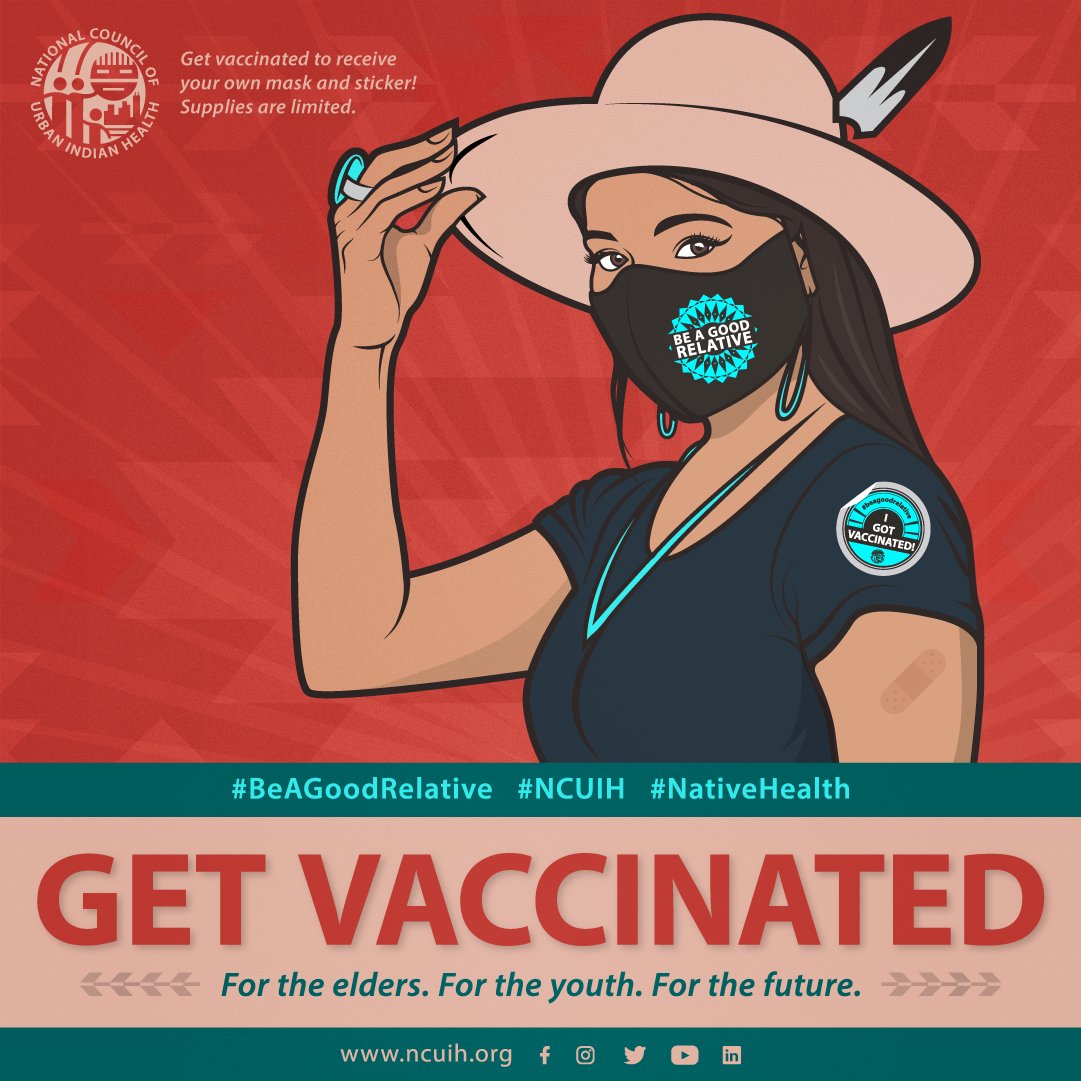 One example is the #BeAGoodRelative campaign from <a href="/NCUIH_Official/">National Council of Urban Indian Health</a>, which encouraged tribal members to get vaccinated in order to protect their families, elders, and community members: ncuih.org/vaccine #NativesStopTheSpread #NativeHealth #IndianCountry
