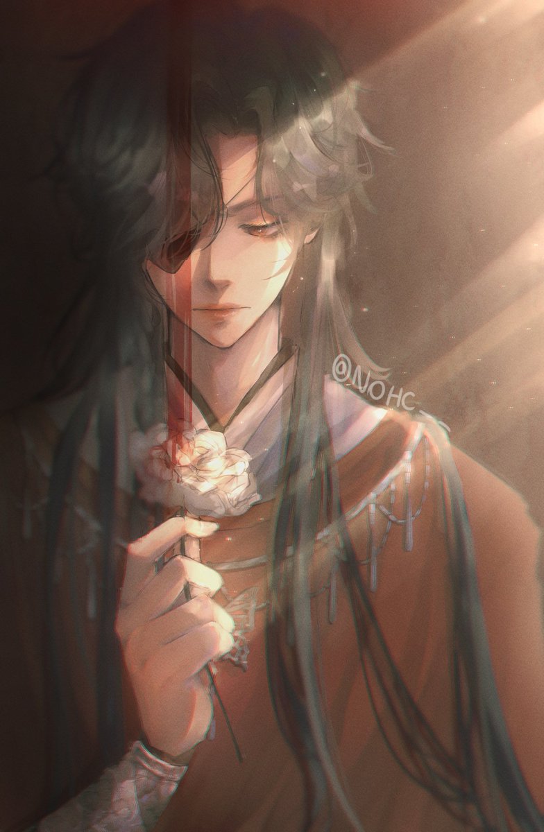 1boy male focus flower long hair holding flower eyepatch solo  illustration images