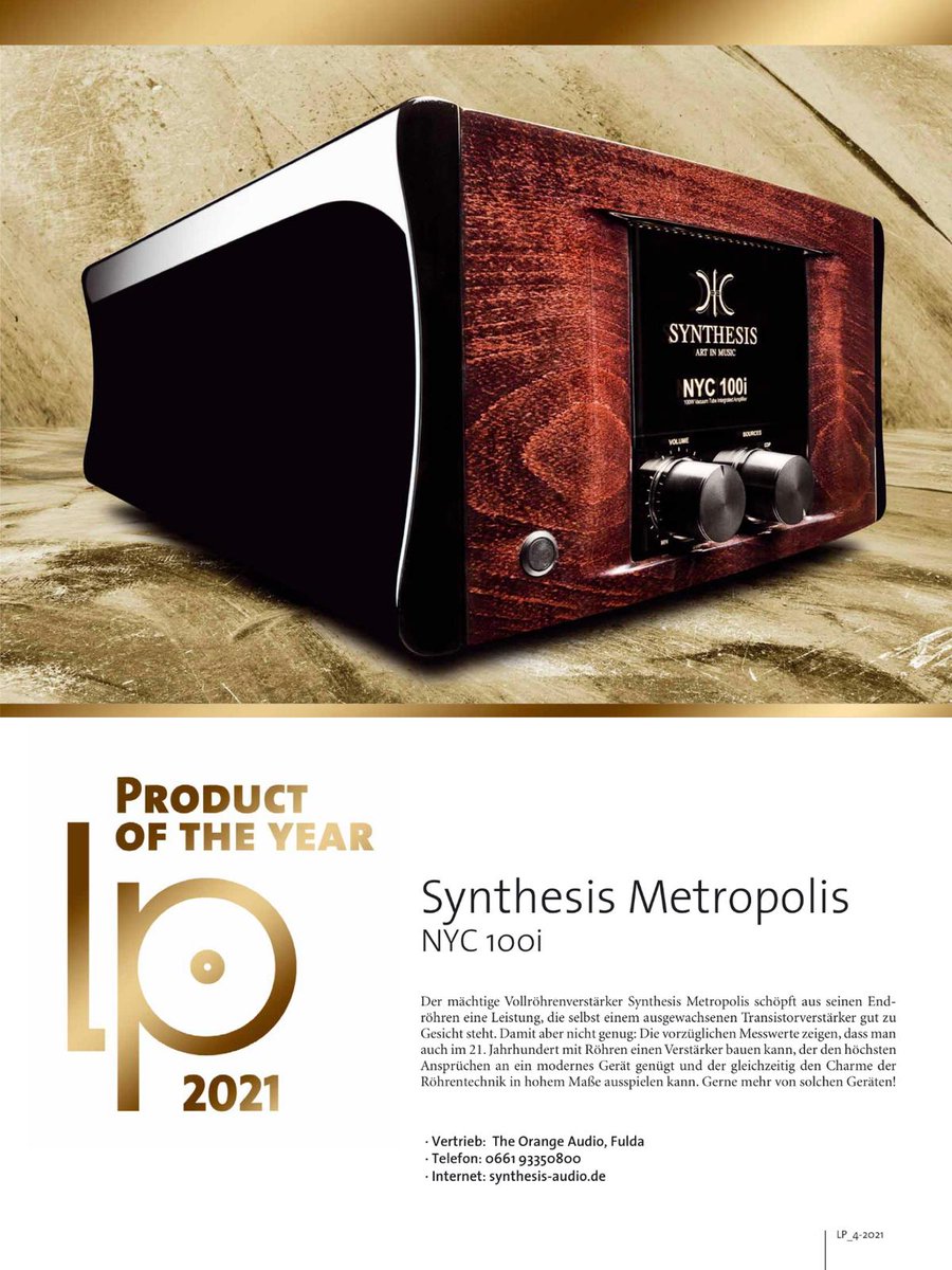 SynthesisAudio's tweet photo. LP magazine awarded the Metropolis NYC 100i as "Product of the year" 2021🏆
Product info: https://t.co/zvtHmzJNPJ

#synthesis #synthesisartinmusic #madeinitaly #NYC #metropolis #amp #tubeamp #tubeamplifier #audio #music  #audiophile #power #musiclovers #hifi #hiend #award https://t.co/Rz2SnP60Gz