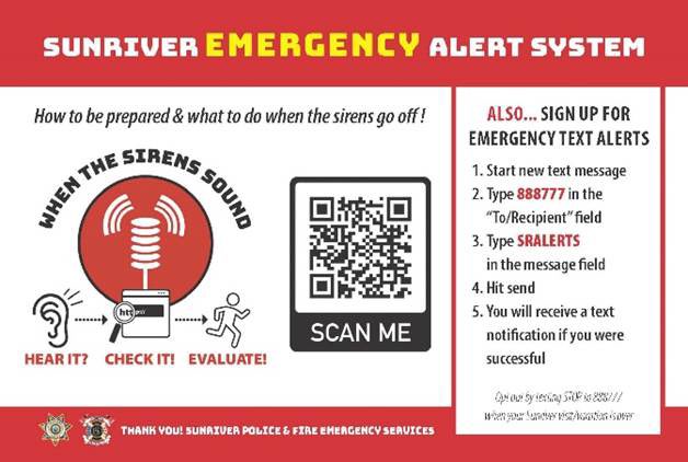SunriverPD's tweet image. Just a reminder that the Sunriver Emergency Alert System will be tested today at NOON. Sirens will be activated. Please visit the SR Alert System website for further details.