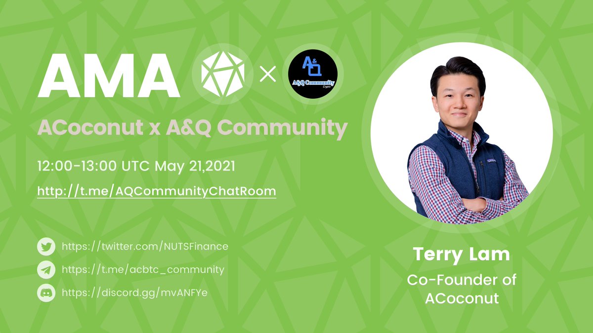 ACoconutDAO's tweet photo. 📢We're invited to the next AMA by @AQ_Community
👀Join us to learn about ACoconut v2 with @terrycflam
🗓Date: 12:00 UTC 5/21/2021
📍Venue: https://t.co/4pLIVVPsZY
$AC #BTC+ #acBTC #ACoconut https://t.co/klco6cOxUn