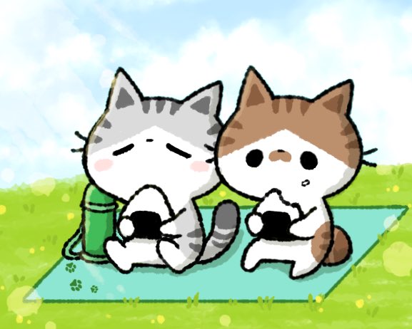おはまじろう 2匹で仲良くピクニック ねこ ネコ 猫 ねこイラスト イラスト ピクニック おにぎり Cat T Co Jcdjkohjok Twitter