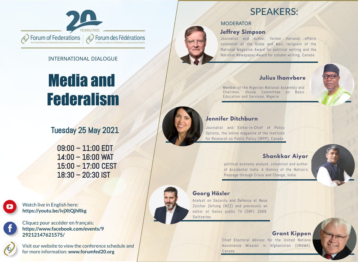 The 4th International Dialogue in <a href="/ForumFed/">Forum of Federations</a>'s 20th Anniversary Event!    

𝐌𝐞𝐝𝐢𝐚 𝐚𝐧𝐝 𝐅𝐞𝐝𝐞𝐫𝐚𝐥𝐢𝐬𝐦

May 25th at 9:00am EST.

English 📺➡️youtube.com/watch?v=ivjXtQ…

Français 📺➡️facebook.com/events/9292121…

<a href="/ShankkarAiyar/">Shankkar Aiyar 🇮🇳</a>  <a href="/HonIhonvbere/">Hon. Prof. Julius Ihonvbere,OON</a>
