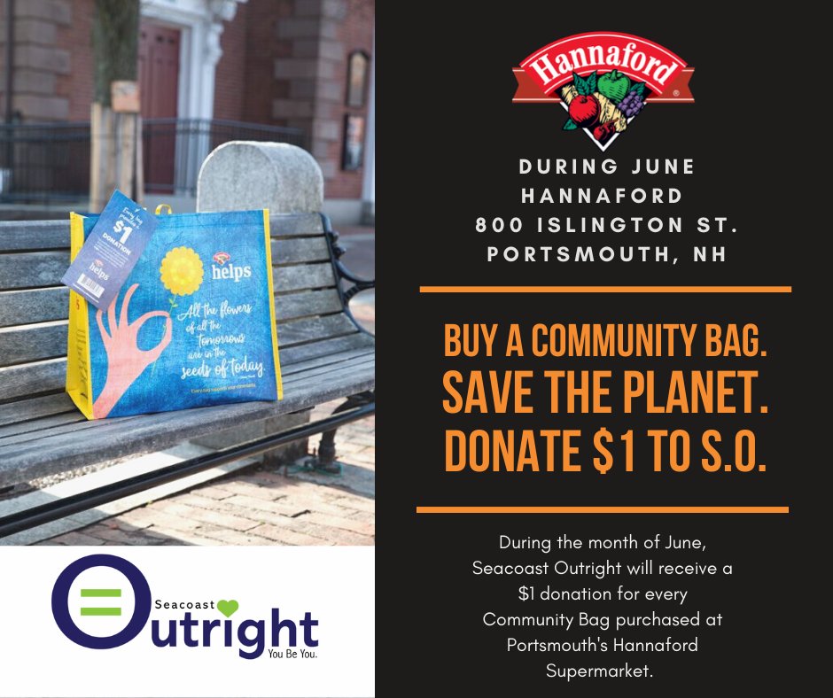 OutrightPride's tweet photo. We're excited to share that every $2.50 Community Bag purchased in JUNE at the @Hannaford located at 800 Islington St., Portsmouth will send a $1 donation to us!
Do good for your planet, your community, and LGBTQ+ kids!
#BuyACommunityBag #PicNPay #SeacoastOutright #LGBTQ https://t.co/4fNrALjx66