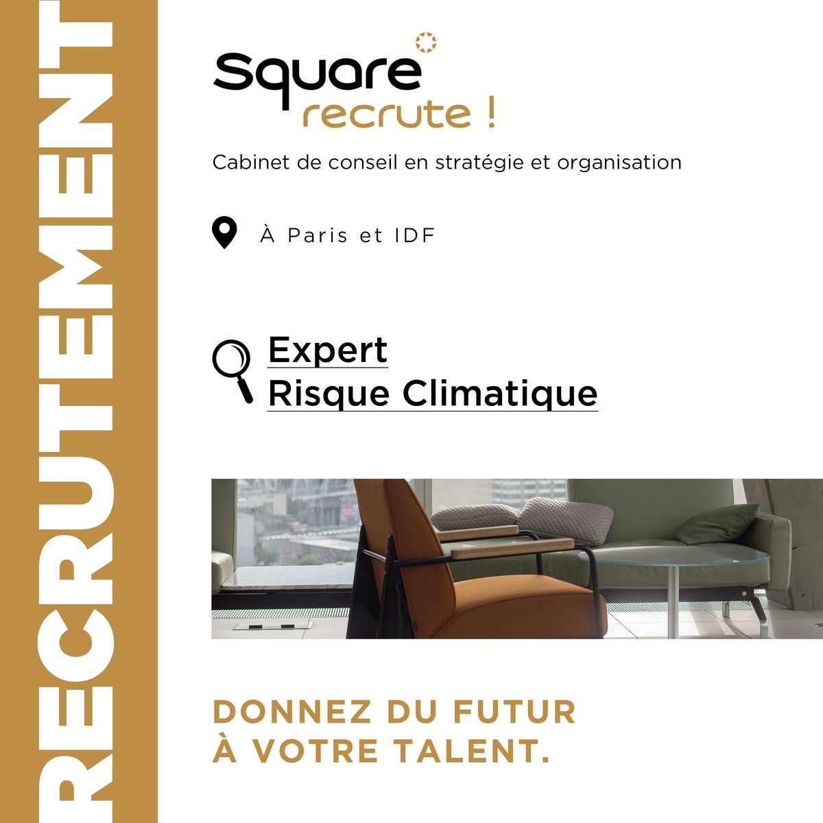 #Recrutement
<a href="/SQUARE_managem/">SQUARE Management</a>, cabinet de #conseil en #stratégie et organisation recrute.
Vous êtes Expert en risque #climatique? Découvrez notre offre et rejoignez les équipes du Domaine d'Excellence RSE et #FinanceDurable :linkedin.com/jobs/view/2472… 
Donnez du futur à votre talent.