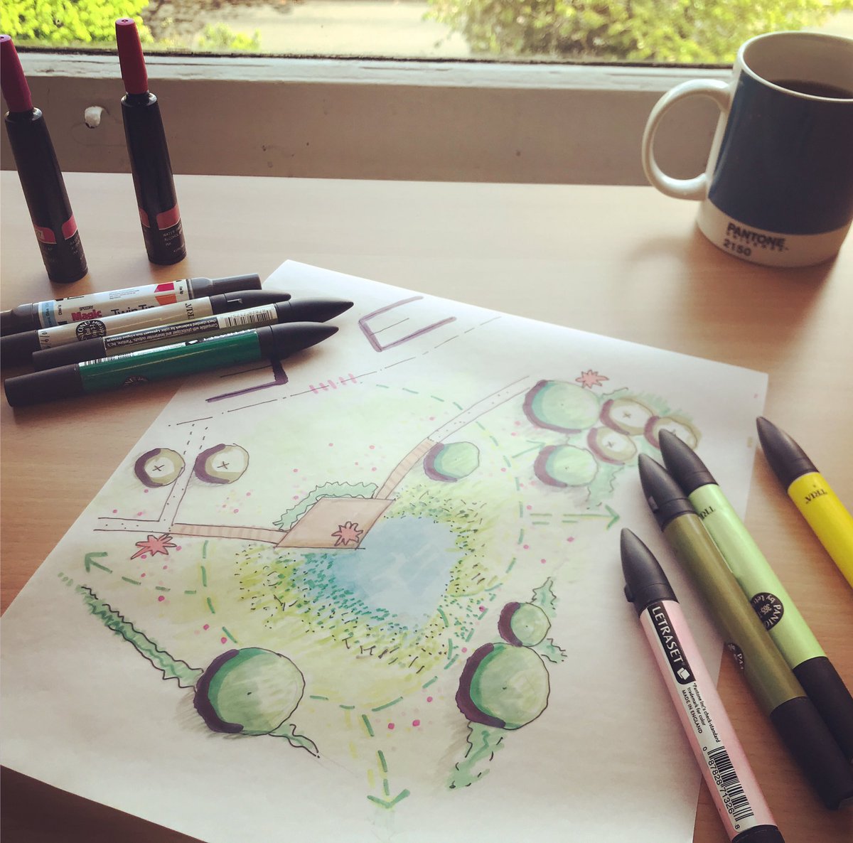 HuskissonBrown's tweet photo. We need no excuse to grab some drafting paper &amp; get the Pantone pens &amp; magic markers out! 🖊✍️ 
Initial sketch ideas for meadow, access routes, pond &amp; dipping/viewing deck on a small underused area of land adjoining a school
#sketch #landscapedesign #landscapearchitect #lovepens https://t.co/XS01lJU7Gi