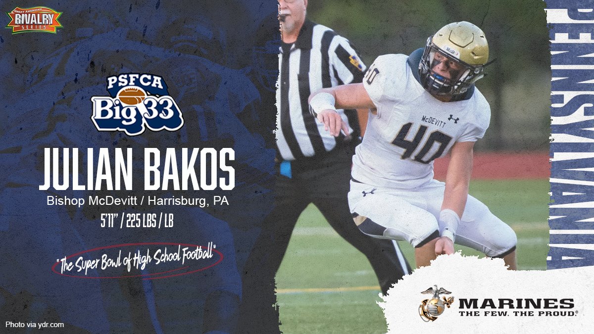 Congratulations to Bishop McDevitt LB <a href="/Julian_B4k0s/">Julian “Boomstick” Bakos</a> on being selected to the 2021 Big 33 Football Classic. Your vote could help him secure a $1,000 donation to his school.

VOTE Julian 'Fan Favorite' ➡️ bit.ly/33a7hEi

Presented by: <a href="/KeystoneMarines/">Harrisburg Marines</a>