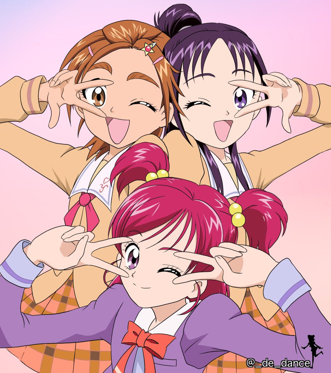 yumehara nozomi multiple girls school uniform one eye closed 3girls purple eyes very short hair purple hair  illustration images