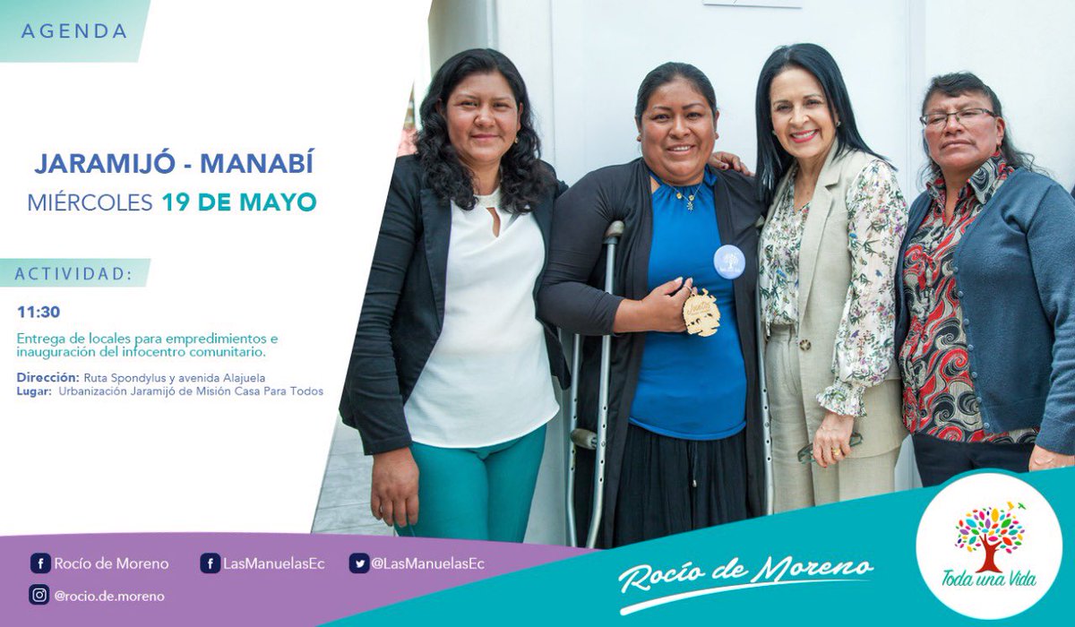 Compartimos las actividades que realizará #RocíoDeMoreno, presidenta ad honórem del Comité @PlanTodaUnaVida, en Jaramijó, provincia de Manabí, hoy miércoles 19 de mayo de 2021.

#JuntosConstruimosComunidad
#CasaParaTodos
