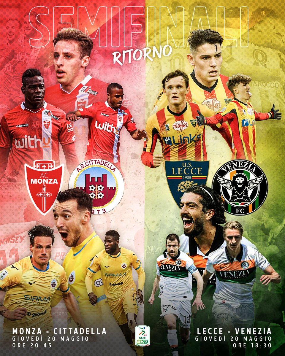 Lega_B's tweet photo. 🎯 OBIETTIVO FINALE
Tutto pronto per il secondo round di queste semifinali #playoff21. @ACMonza e @OfficialUSLecce per ribaltarla. @ascittadella73 e @VeneziaFC_IT per confermarsi.
Chi approda alla finale❓
#SerieBKT #LECVEN #MONCIT https://t.co/UYMMpVlxhD