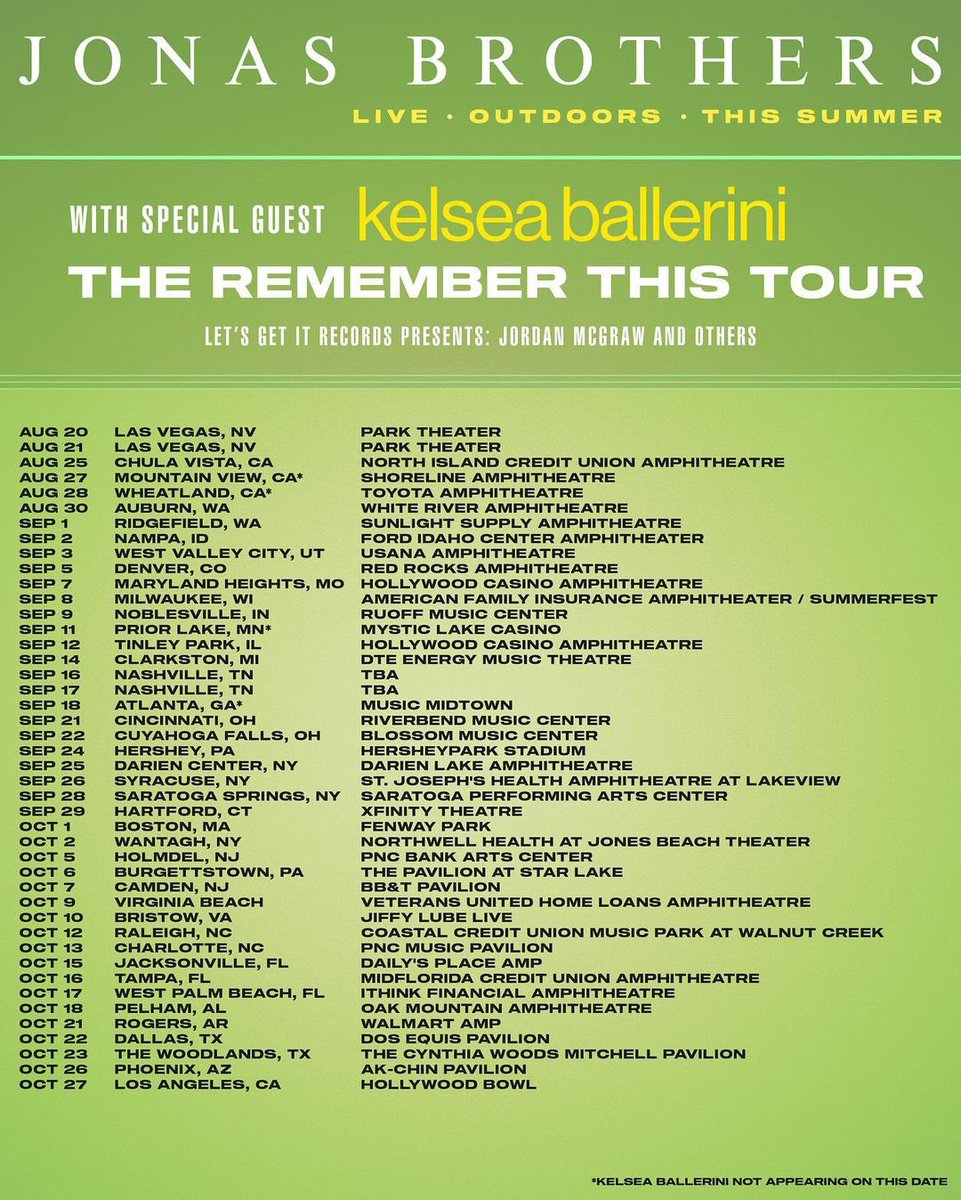nickjonas's tweet image. We're hitting the road this summer and going back on tour AND we're bringing @kelseaballerini with us!! Can't wait to get back on stage and perform for you guys with my brothers. #RememberThisTour tickets go on sale May 27th!