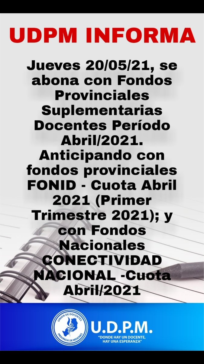 Gracias gobernador por estar atento a los pedidos de la UDPM y ayudar a los colegas docentes y demás trabajadores misioneros.🤗👏👏👏 <a href="/gobmisiones/">Gobierno de Misiones</a>