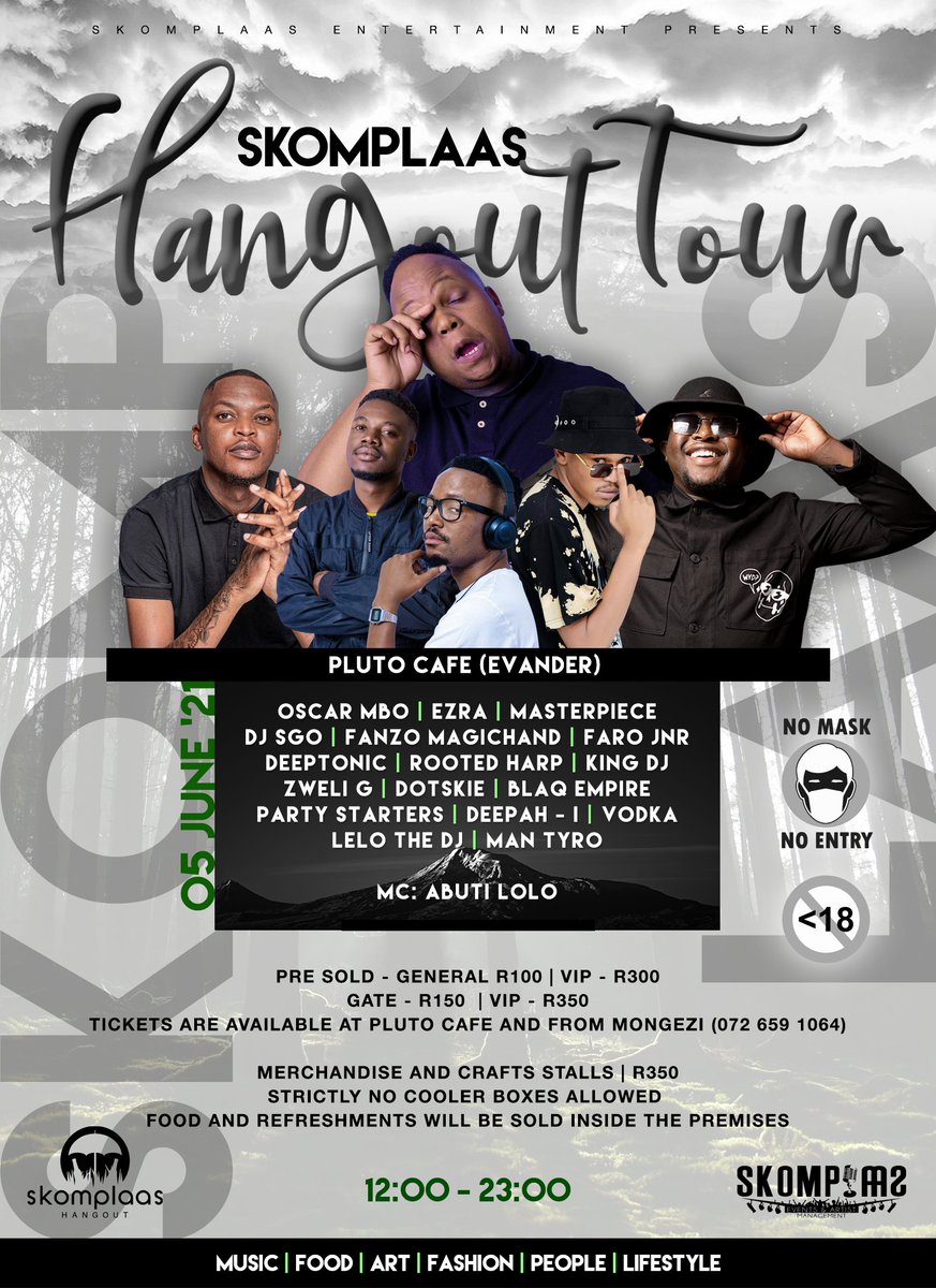 Ngezi_Skomplaas's tweet photo. LET'S ROCKโ
Tickets AVAILABLE at Pluto Cafe or contact 0726591064
SKOMPLAAS HANGOUT TOUR, EPISODE 3 ๐
PLUTO CAFE (EVANDER) | 05 JUNE 2021
#HangOutTour
#SkomplaasHangOut
#SkomplaasEntertainment
#Skomplaas https://t.co/jHbroDB8N2