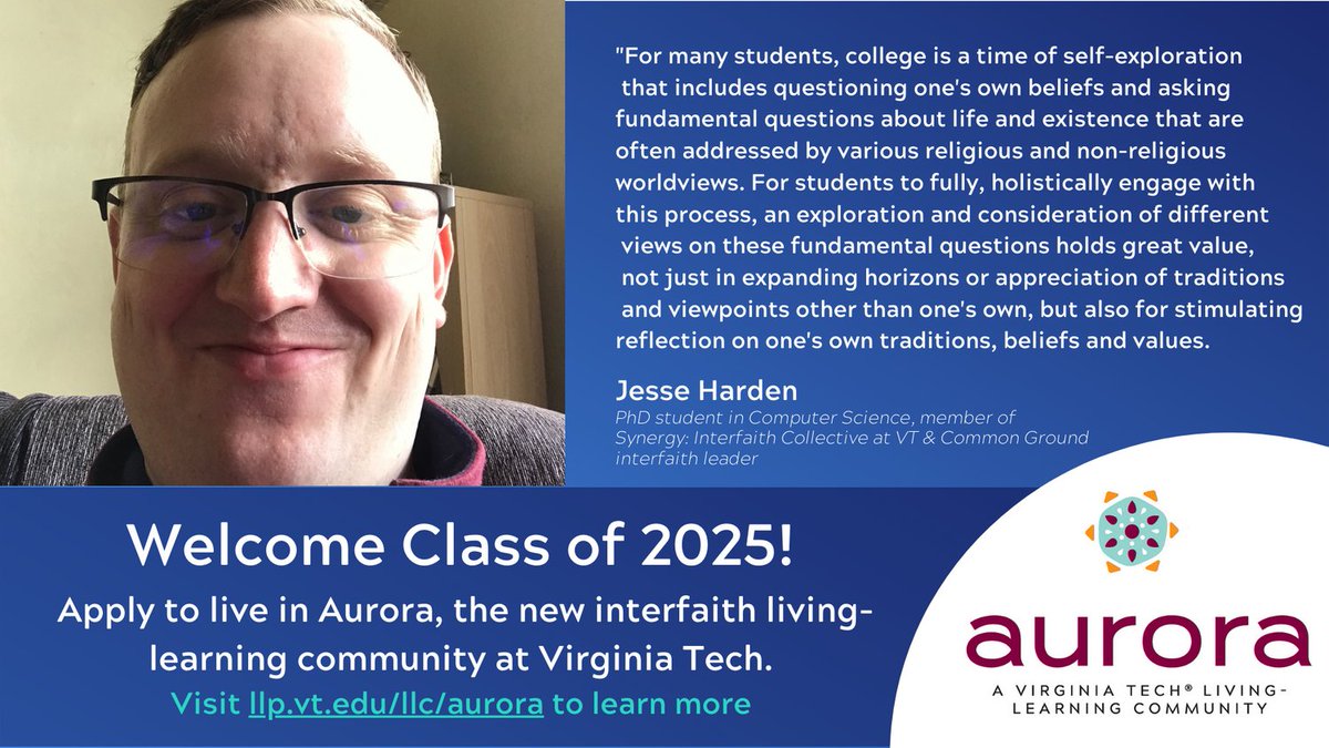 interfaithVT's tweet image. "Why is interfaith engagement important?" Today, Jesse Harden from @synergy_at_vt &amp;amp; Common Ground interfaith leader shares his thoughts. Live in Aurora interfaith living-learning community. Apps open to incoming students: llp.vt.edu/llc/aurora @studentsatvt @vthrl @FollowMeToVT