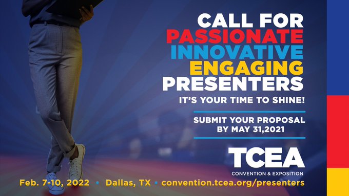 Promote yourself!!!!
 Just a couple of more weeks to submit your ideas for #TCEA22 
convention.tcea.org/presenters
#edtech #DigitalLearning #edutwitter #edchat #pln